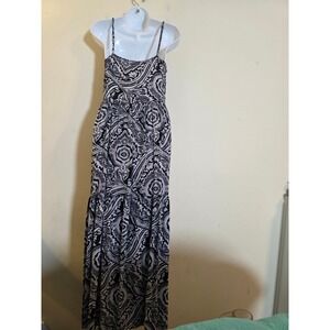 ANGL Black White Paisley Print Maxi Dress Spaghetti Strap Boho Tiered Small